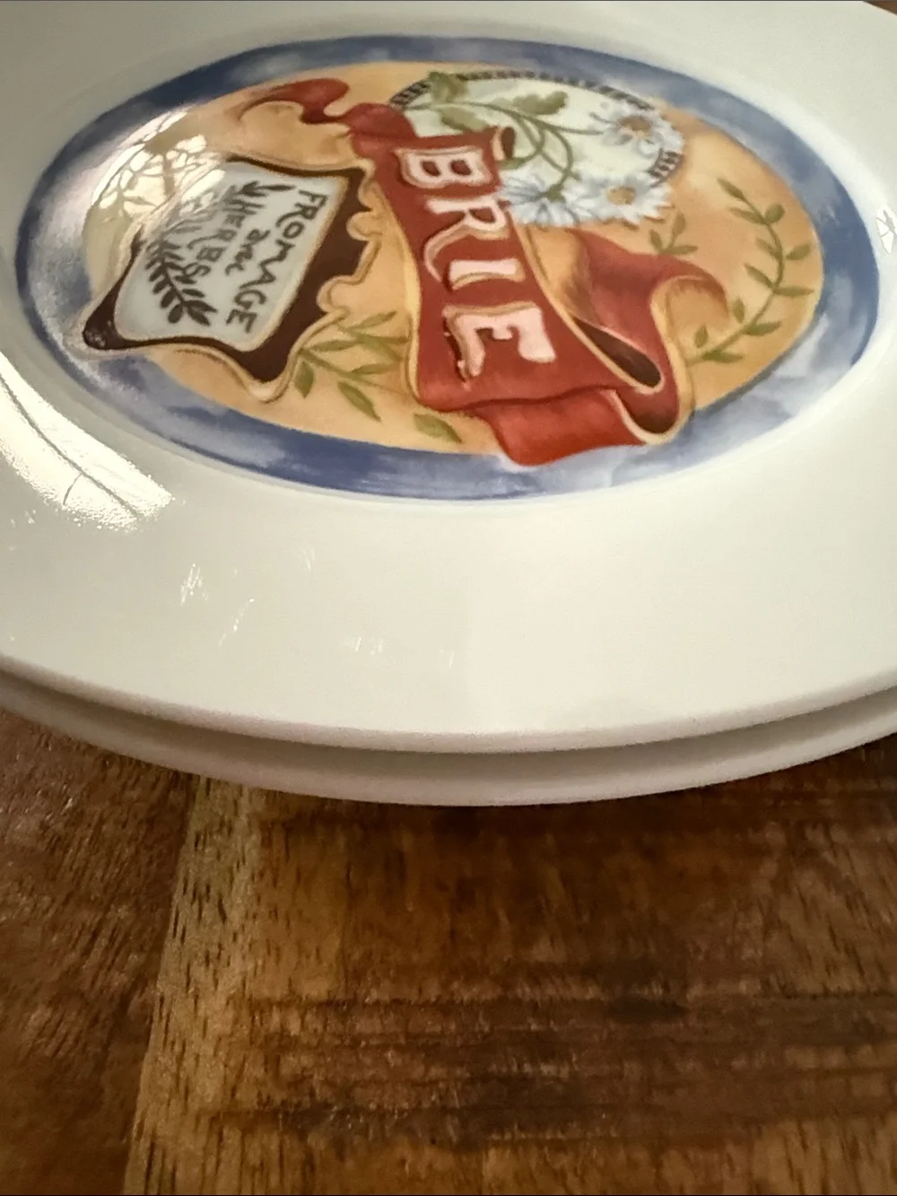 White Ceramic Cheese-Themed bread Plate duo- Red & Blue Accents